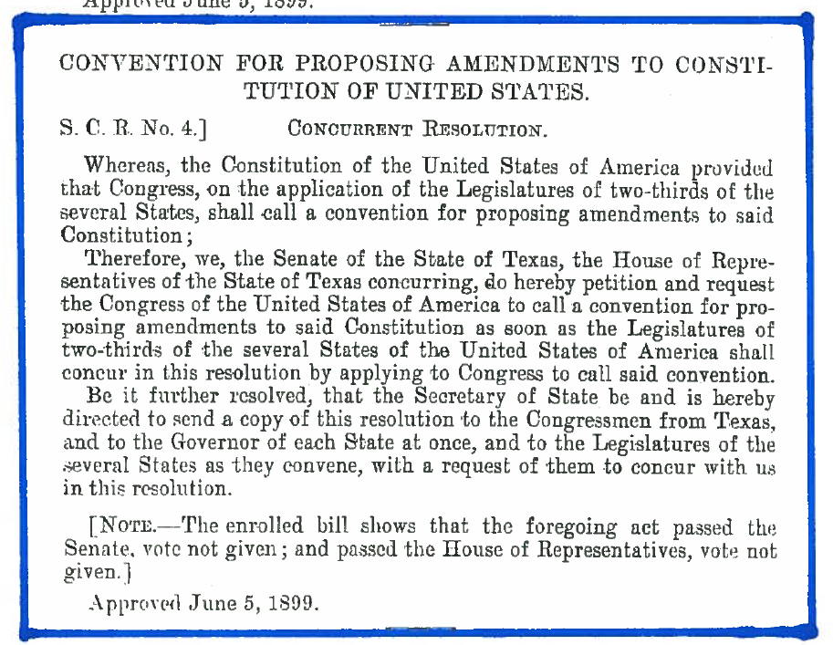 OUTSTANDING Calls for Constitutional Convention, from 1899 forward (in Texas)