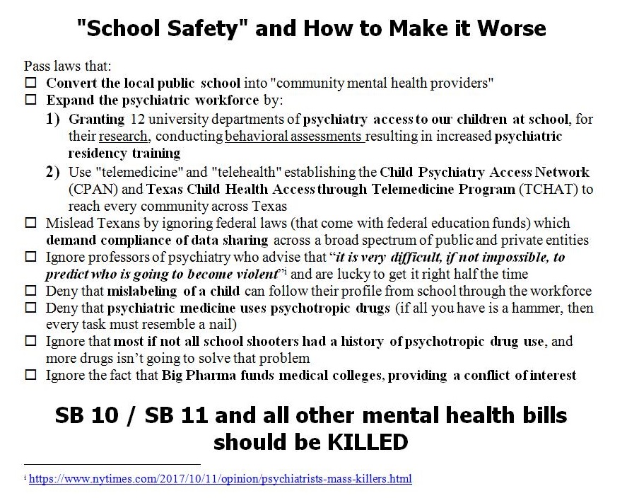 SB 10 (creating the Texas MENTAL Health Care Consortium) is the wrong solution to “school safety”